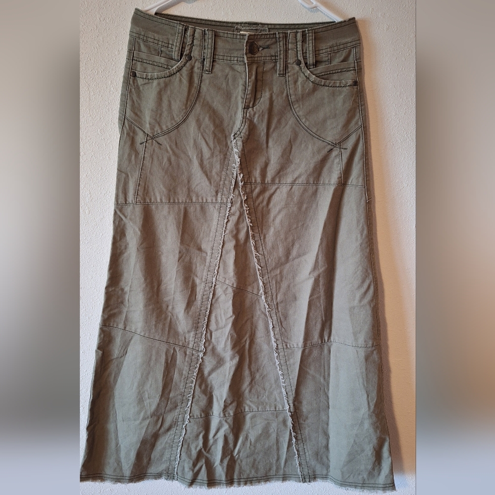 Jean Olive Green Maxi Skirt with Panel Detailing